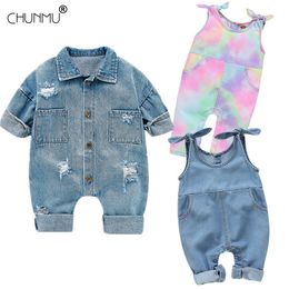 Spring Autumn Newborn Baby Boy Girl Clothes Long Sleeve Denim Romper Jumpsuit Infant Outfit Fashion Hole Baby Unisex Costume 210226
