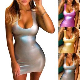 Summer Sexy Sleeveless U-Neck PU Leather Bodycon Pink Silver Party Dresses Club Outfits for Women Back Zipper Skinny Short Dress 210604