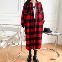 Women Mid-length Coat Woollen Plaid Long Sleeve Loose Turn-down Collar Autumn Winter Ladies Jacket with Pockets 210930