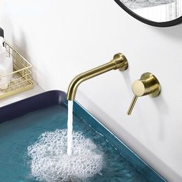 Solid Brass Brushed Gold Wall Mounted Bathroom Sink Faucet Mixer Wash Basin Tap Hot Cold Faucets Bath Black Single Lever Handle