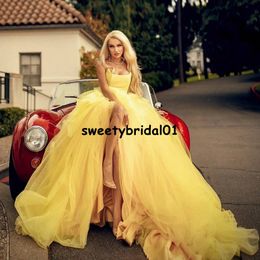 Princess Yellow Evening Dresses A Line Strapless Tulle Prom Dress for Women Party Dubai vestido amarelo festa