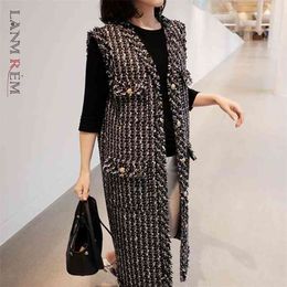 LANMREM v-neck black single-breasted elegant Tweed vest autumn plaid pattern Korean style all-match waistcoat for Women 2A986 210909