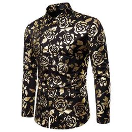 Men Autumn Bronzing Flower Golden Rose Printed Long Sleeve Dress Shirt Wedding Party Slim Stage Performance Singer Shirts 210714