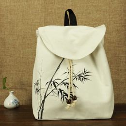 Chinese Flower Hand Painted Women Canvas Backpacks Vintage Ladies Casual Soft Rucksacks Teenager School Girls Books Bags Beige Y0804