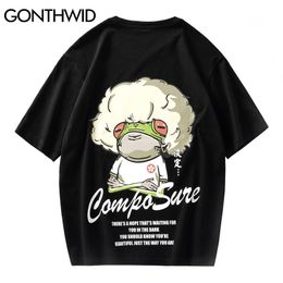 GONTHWID Tshirts Casual Streetwear Men Summer Cartoon Frog Print Short Sleeve T-Shirts Harajuku Hip Hop Cotton Loose Tees Tops C0315