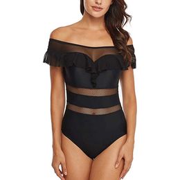 ZAFUAZ Black Sexy Off The Shoulder Solid Swimwear Women Mesh Lace Swimsuit Female Bathing Suit Ruffle Monokini 210604