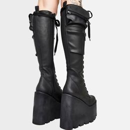 Big Size 43 Platform Wedges Goth Punk Women Pocket Bags Combat Boots Lace Up Street Zipper Autumn Women Shoes