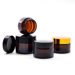 luxury 5g 10g 15g 50g cosmetic empty amber round glass cream packaging cosmetics jar 100gm 30g with aluminium black gold lid send by sea