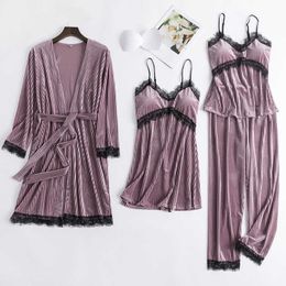 Pyjamas Suit Women Soft Kimono Gown Velvet Sleepwear 4PCS Sleep Set Casual Nightwear Pyjamas Sexy Intimate Lingerie Home Clothes Q0706