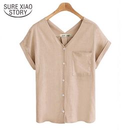 Simple Style Plus Size 5XL Casual shirts Summer V-neck Solid Colour Cotton blouse Women Summer Tops lady 9473 210527