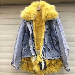 Real fur collar thicker warm denim coat female winter hairy longer real rabbit liner detachable F2209 211220