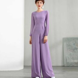 Summer Jumpsuit for Women Purple Colour Long Sleeve High Street Chiffon Elegant Party Wide Leg Rombers Plus Size 3XL 4XL 210625