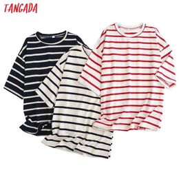 Tangada Women Striped Cotton T Shirt Short Sleeve O Neck Tees Ladies Casual Tee Street Wear Top 6L42 210623