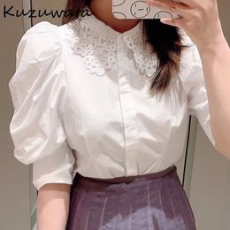 Kuzuwata New Vintage Chic Lace Hook Flower Peter Pan Collar Blouse 2021 Spring Puff Sleeve Women Shirts Solid Sweet Blusas 210315