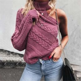 Trendy Women clothes Long Sleeve Knitted One Shoulder Sweater solid Turtle Neck pullover Outwear one pieces Y0825