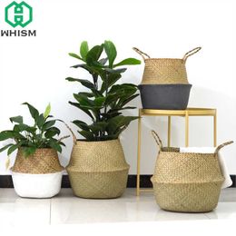 WHISM Storage Basket Rattan Straw Basket Wicker Folding Flower Pot Seagrasss Flower Baskets Garden Planter Flower Pot Decoration 210615