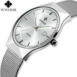 WWOOR Brand Men Watches Quartz Analog Date Japan Movement Ultra Thin Waterproof Steel Mesh Slim Male Wrist Watch Silver for Men X0625
