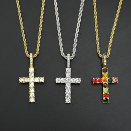 Pendant Necklaces Simple Vintage Jesus Cross Colourful Crystal Necklace Ladies Golden Silvery Metal Chain Hip Hop Fashion GiftPendant