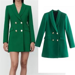 TRAF Za Green Blazer Women Double Breasted Long Jacket Woman Long Sleeve Elegant Female Blazer Office Autumn White Jacket 211112