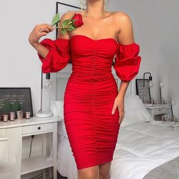 Solid Flower Print Off Shoulder Ruched Bodycon Women's Midi Dress Sexy Slim Long Puff Sleeve Elegant Dresses For New Year 2021 210303