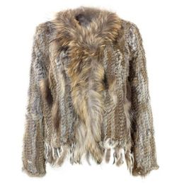 Natural Knitted Rabbit Fur Vest With raccoon Collar long sleeve fur coat with tassel Customised overcoat large size 211018