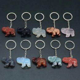 Natural Stone Keychains Elephant Hanging Pendant Obsidian Opal Quartz Pink Crystal Animal Key Ring Holder for Car Bag Christmas