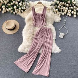 Women's Summer Fashion Sexy Square Collar Sleeveless Fold Slim Short Tops +wide Leg Pants Two Piece Sets S715 210527