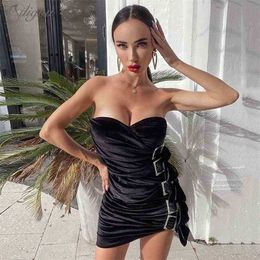 Women's Fashion Black Velvet Mini Dress Crystal Buckle Design Hanging Sexy Strapless Celebrity Party Club Vestido 210525