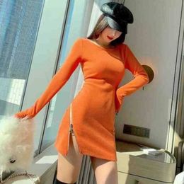 Solid Color Sexy Temperament Long Sleeve Mini Dress Side Zipper Dresses Slim High Waist Orange Korean Women G8PD 210603