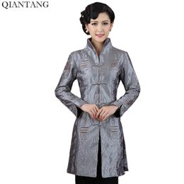 Women's Jackets Grey Traditional Chinese Style Ladies Jacket Mujer Chaqueta Women Satin Embroidery Coat Size S M L XL XXL XXXL 4XL 5XL Mne08