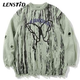 LENSTID Men Hip Hop Knitted Jumper Sweaters Butterfly Ink Graffiti Streetwear Harajuku Autumn Oversized Hipster Casual Pullovers 210818