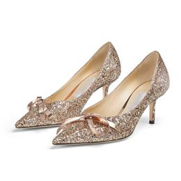 Dress Shoes Shiny Gold Woman 6.5Cm High Heel Dance Elegant Wedding With Bowknot Pointed Toe Bling Single Pump