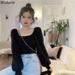 Woherb Cropped Knitwear Pullovers Fall Woman Sweaters for Women Sexy Square Collar Lantern Sleeve Jumper Sweet Sueter Mujer 210922