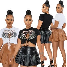 2022 Newest Pattern Printing Women Pleated Leather Skirt Tracksuits Summer Tshirts Short Skirts Two Piece Sets F88417