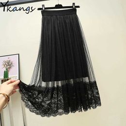 Embroidery lace splice Midi Mesh Skirt Women Elastic High Waist Pleated Skirt Spring Summer Chic Long Tulle Ins Tutu Skirt Femme 210619