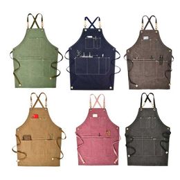 Summer Canvas Work Apron Denim Version Hairdressing Hairdresser Floral Barista Drop 210622