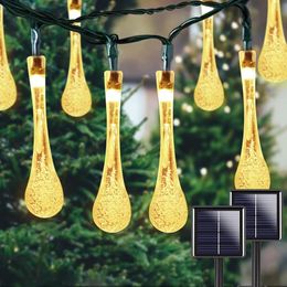 Solar Lamps 2Packs 100LED 32FT Water Drop String Lights Icicle Christmas Outdoor Decorative With 8 Lighting Modes