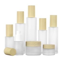 30ml 40ml 50ml 60ml 80ml 100ml Frosted Glass Cream Jar with Imitated Wooden Lids Cap Lotion Spray Pump Bottle Empty Cosmetic Comtainers