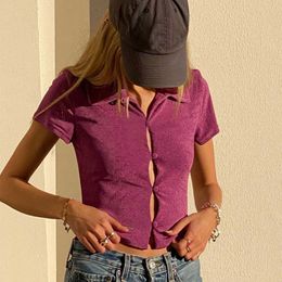 Fashion Button Up Crop Top T Shirt Women Summer Purple Blue Short Sleeve T-shirt Y2K Top Streetwear X0628