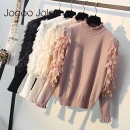 Jocoo Jolee Ruffled Collar Knitted Women Sweater Loose Jumper Mesh Flowers Sleeve Sweater and Pullover Korean Elegant Tops 210619