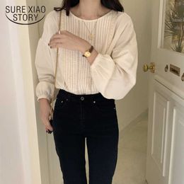 Apricot Pleated O-Neck Gentle Cotton Korean Shirts Autumn Large Size Office Lady Tops Elegant Full-Sleeved All Match 11457 210527