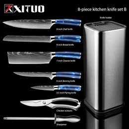 XITUO Kitchen Knife Set Delicate Blue Resin Handle Laser Damascus Pattern Chef Knife