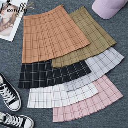 PEONFLY Sweet Women Pleated Skirt Fashion Plaid A-Line Mini High Waist Chic Kawaii Summer Casual Ladies 210629