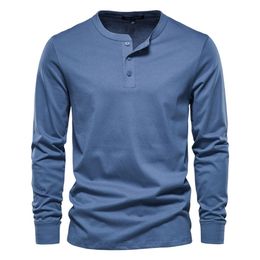 AIOPESON Henry Collar T Shirt Men Casual Solid Color Long Sleeve for Autumn High Quality 100% Cotton s s 220312