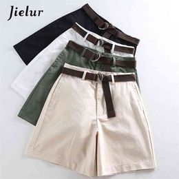 Jielur Shorts All-match 4 Solid Colour Sashes Casual Women A-line High Waist Slim Short Femme Chic S-XXL Ladies Bottom 210724