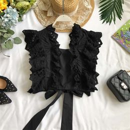 2021 Women Design Short Hollow Out Ruffled Shirt Summer New Sleeveless Bow Tie Crop Tops Blouse Elegant Sexy Black White 210308