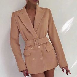 RR Spring Autumn Double Breasted Notched Blazers Women Fashion Office Lady Jackets Women Elegant Tie Belt Suit Female Ladies X0721