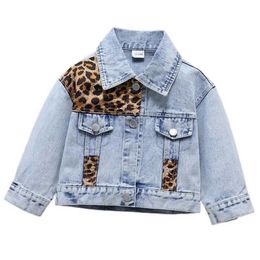 2-6Years Girls Casual Long Sleeve Cardigan Fashion Leopard Printing Stitching Denim Coat 211204