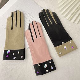 Women's Wristband Colourful Crystals Autumn and Winter Design Stitching Velvet Gloves Fashion Outdoor Thick Warm Gloves Factory Direct Sales Factory Price