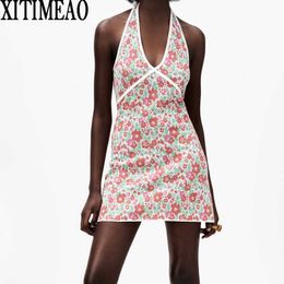 Za Sexy Suspenders V Neck Low Chest Open Back Side Retro Floral Print KnittingMini Dress Suspender Party Skirt Women XITIMEA 210602